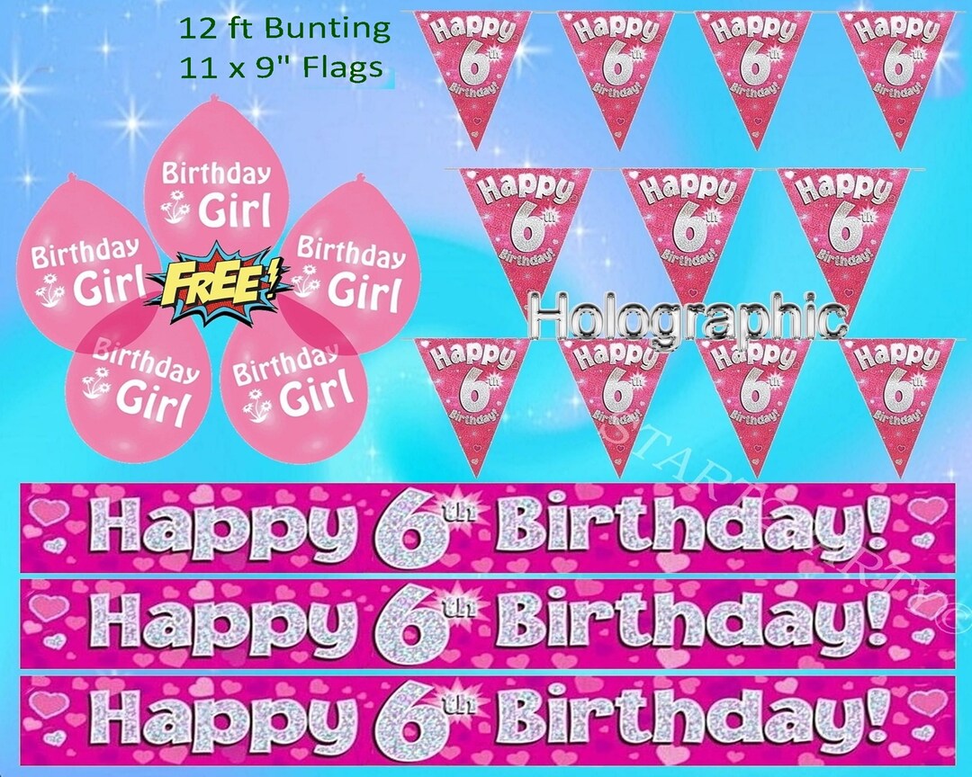Age 6 - 6th Birthday Party Decorations Pink Bunting &amp; Banners Balloons ...