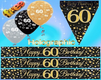 60th Birthday Decorations – Black and Gold Bunting, Banners and Balloons