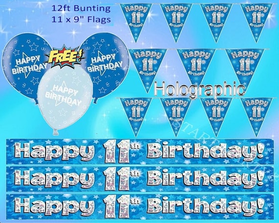 Happy 11th Birthday Party Decor Holographic Foil Celebration Banner Age 11 Blue Happy 11th Birthday Party Decor Holographic Foil Celebration Banner Age 11 Blue
