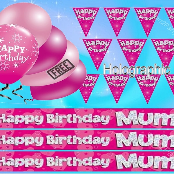 Happy Birthday Mum Party decorations - Pink - Bunting & Banners Balloons / Pink and White party Straws / Pink and Gold candles