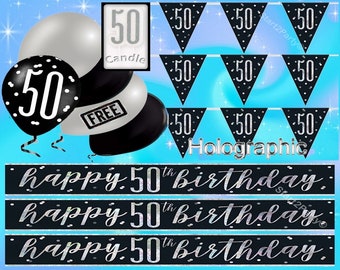 50th Birthday Party Decoration - Black - Foil Bunting Banners Candle Balloons/ Silver party Straws / Age 50 Candle