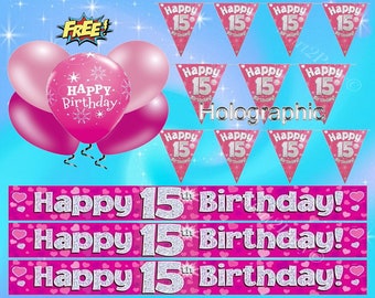 Age 15 Birthday Party decorations Pink Bunting & Banners Balloons / Pink and White Straws / Candles / Age 15 Badges