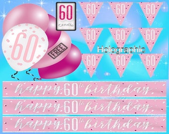 60th Birthday Party Decorations - Pink- Foil Bunting Banners Candle Balloons / Pink and White Straws / Age 60 Candle