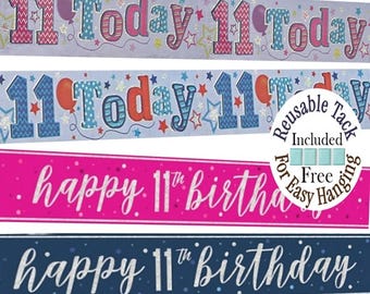 Age 11 / 11th Birthday Banners / Girl Pink / Boy Blue Holographic Banners