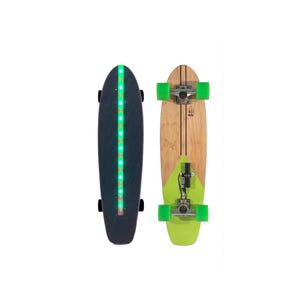 May include: Two skateboards are displayed against a white background. One is dark blue with a vertical line of green lights. The other is wooden with green wheels and a green and yellow base.