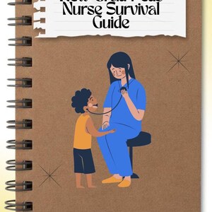 May include: A brown spiral bound notebook with a white torn paper tab on the front. The tab has the text "Jule's Declassified: New Grad Peds Nurse Survival Guide" in black text. The notebook has a cartoon illustration of a nurse examining a child with a stethoscope.