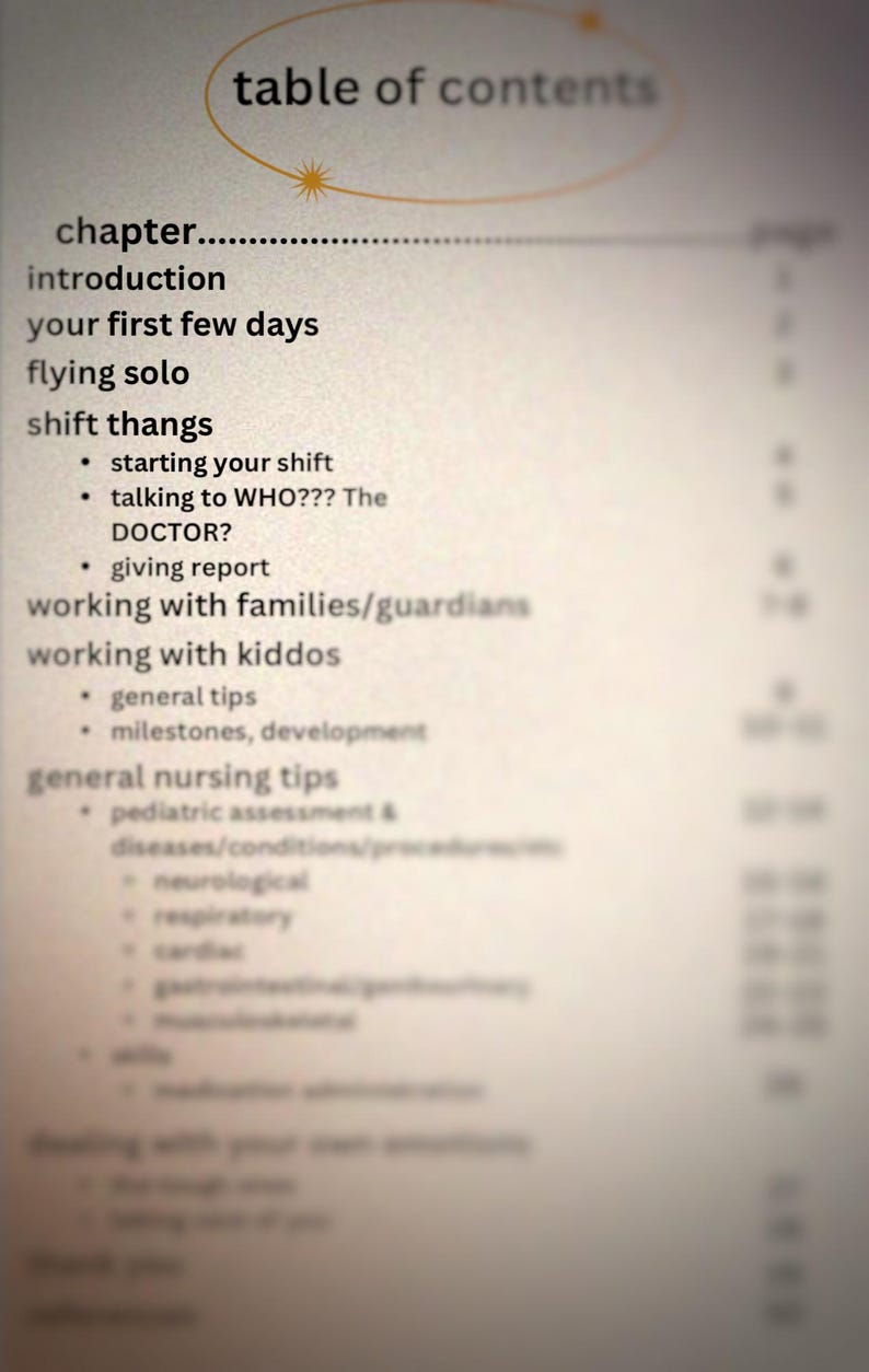 May include: Table of contents page for a book titled "Shift Thangs". The book appears to be a guide for new nurses working with children. The table of contents includes chapters on introduction, your first few days, flying solo, shift thangs, working with families/guardians, working with kiddos, and general nursing tips.