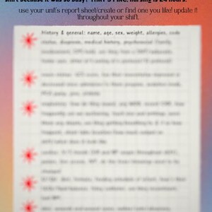 May include: A blurred image of a handwritten nursing report sheet with the text "shift thangs: giving report" at the top. The sheet includes a list of information to be included in a nursing report, such as name, age, sex, weight, allergies, code, diagnosis, medical history, and more.
