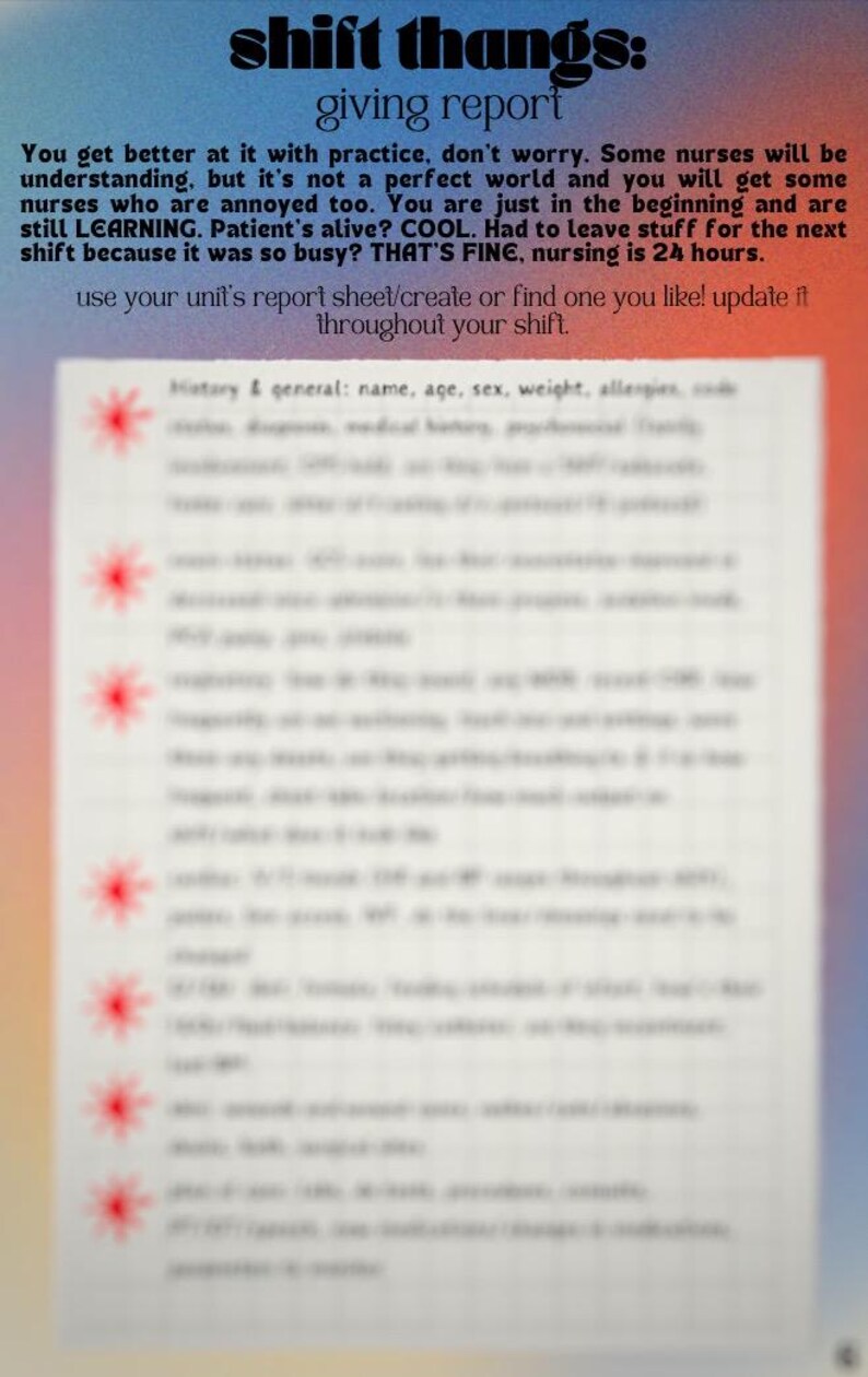 May include: A blurred image of a handwritten nursing report sheet with the text "shift thangs: giving report" at the top. The sheet includes a list of information to be included in a nursing report, such as name, age, sex, weight, allergies, code, diagnosis, medical history, and more.