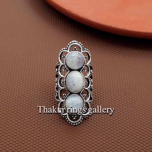 Triple Moonstone Ring Silver, Boho Statement Ring, Handmade Ethnic Jewelry, Brass Ring, Long Statement Ring, Full Finger Ring