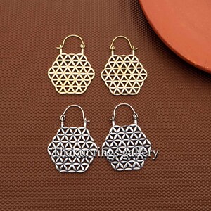 Gold Geometric Dangle Earrings, Boho Flower of Life Earrings, Lightweight Brass Earrings, Mandala Tribal Jewelry, Sacred Geometry Earrings