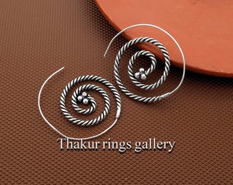 Boho Spiral Hoop Earrings, Tribal Ethnic Silver Earrings, Handmade Statement Earrings for Women, Festival Jewelry Gift, Beaded Earrings