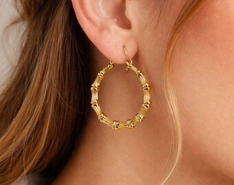 Aros de bambú dorados, estilo vintage, minimalistas, regalo para mujer.
