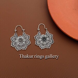 Mandala Flower Earrings, Silver Boho Earrings, Tribal Mandala Earrings, Festival Jewelry, Yoga Spiritual Earrings, Ethnic Dangle Earrings