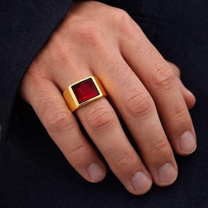 Red Stone Signet Ring for Men, Gold Plated Square Ring, Vintage Ruby Look Ring, Bold Statement Ring, Gift for Him