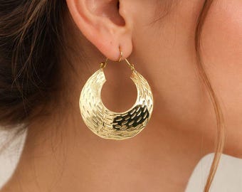 Gold Hammered Hoop Earrings, Chunky Statement Hoops, Textured Boho Earrings, Bold Crescent Hoops, Minimalist Gold Jewelry Gift for Her