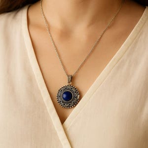 Ornate Silver Poison Box Pendant with Lapis Lazuli Stone, Vintage Style Locket Necklace, Hidden Compartment Jewelry, Boho Spiritual Gift