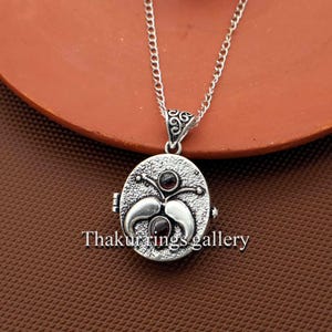 Sterling Silver Poison Box Pendant, Secret Locket Necklace with Garnet, Witchy Crescent Moon Jewelry, Hidden Compartment Amulet Gift