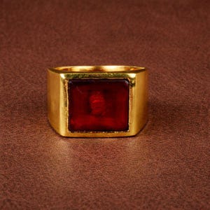 Red Stone Signet Ring for Men, Gold Plated Square Ring, Vintage Ruby Look Ring, Bold Statement Ring, Gift for Him