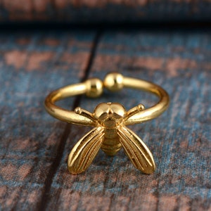 Simple tiny sterling silver bee Adjustable ring, silver and gold brass stacking ring, hammered band ring, gift for women