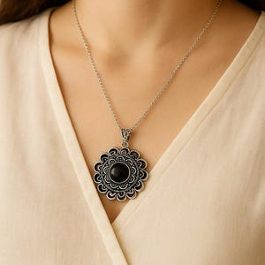 Boho Silver Poison Box Pendant with Black Onyx, Flower Mandala Locket Necklace, Secret Compartment Jewelry for Keepsakes & Gifts