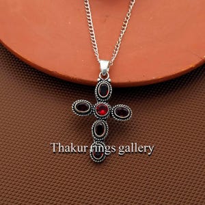 Garnet Cross Pendant with Twisted Rope Detail in Sterling Silver – Spiritual Boho Jewelry with Deep Red Gemstone Elegance