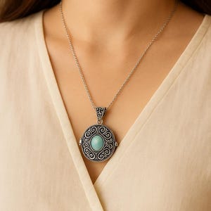 Silver Oval Poison Box Pendant with Larimar Gemstone, Vintage Locket Necklace, Hidden Compartment Jewelry for Keepsakes & Charms