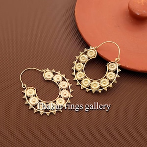 Floral Indian Hoop Earrings, Antique Gold Festival Earrings, Ethnic Sunflower Dangle Earrings, Handmade Tribal Jewelry