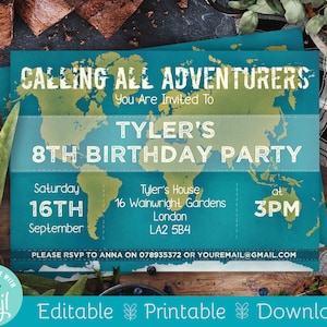Travel Birthday Invitation | DIY Kids World Map Birthday Invite | Custom Editable Digital Download | Travel Theme Printable Template