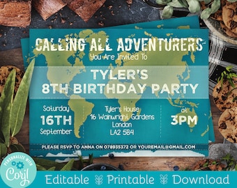 Travel Birthday Invitation | DIY Kids World Map Birthday Invite | Custom Editable Digital Download | Travel Theme Printable Template