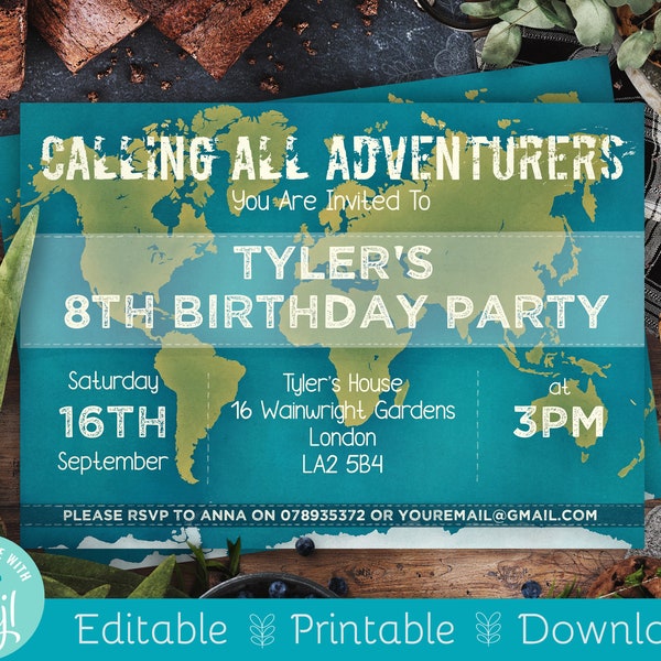 Travel Birthday Invitation | DIY Kids World Map Birthday Invite | Custom Editable Digital Download | Travel Theme Printable Template