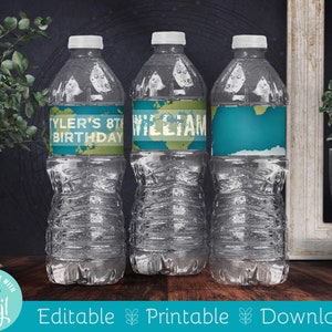 Editable, World Map, Water Bottle Labels, Instant Download Water Label Template, Custom Bottle Label, Explorer Travel Birthday Printable