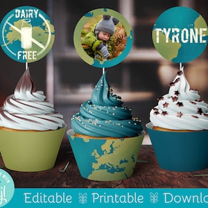Custom Cupcake Toppers & Cupcake Wrappers Printable, Travel Theme Birthday, World Map, Personalized Cupcake Toppers Digital Download Pack