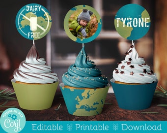May include: Three cupcake toppers with a blue and green color scheme. The toppers feature a dairy-free symbol, a photo of a child, and the name "Tyrone".
