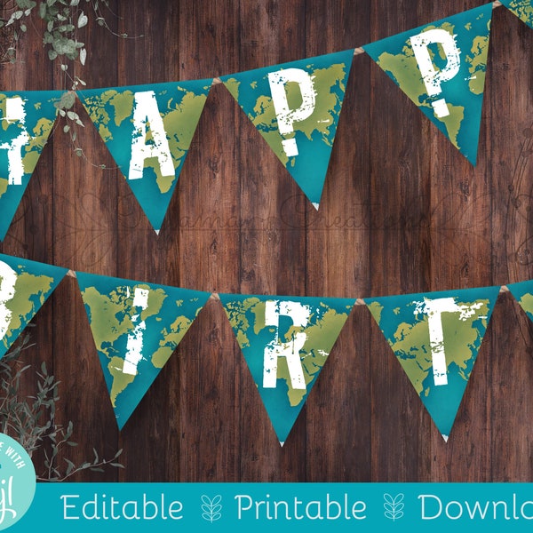 Printable Birthday Bunting Flag Banner | Travel World Map Explorer Design | Editable DIY Corjl Template | Happy Birthday Banner Printable