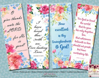 Digital Printable Bible Verses Bookmarks Set of 4 | Instant Download | Craft Projects | Christian Prayer Journals | Sweet Carnation Bouquets