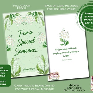 May include: A greeting card with a light green background and white floral accents. The front reads "For a Special Someone..." with the text "Psalms 34:24". The back includes a Bible verse. Prints on 8.5" x 11" paper.
