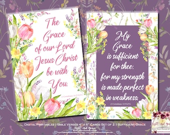 Christian Digital Paper | Faith Scrapbook Bible Verse Ephemera Cards | Prayer Printables | 4" x 6" Cards Set of 2 | Sufficient Grace
