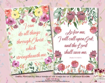Christian Digital Paper | Faith Scrapbook Bible Verse Ephemera Cards | Religious Printables | 4" x 6" Cards Set of 2 | Meadow Blooms