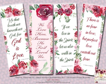 Christian Digital Paper | Faith Scrapbook Bible Verse Ephemera Bookmarks | Prayer Printables | Set of 4 Bookmarks | Heavenly Rose Blooms