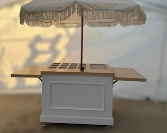 Custom Foldable Snack Cart with Stained Tabletops & White Base — 85"x30" Open — 36" Tall