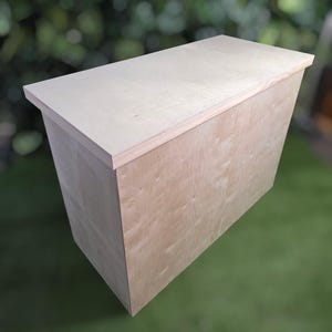 May include: A light-colored wooden box with a flat top and a slightly angled front. The box is made of plywood and has a natural wood grain finish. The box is likely used for storage or display.