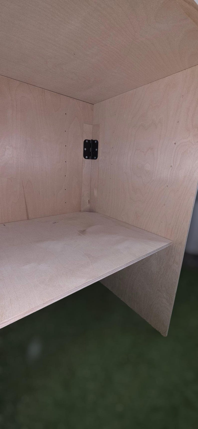 May include: Interior view of a wooden cabinet with a shelf. The cabinet is constructed from light-colored wood and features a black hinge. The shelf is positioned horizontally within the cabinet.