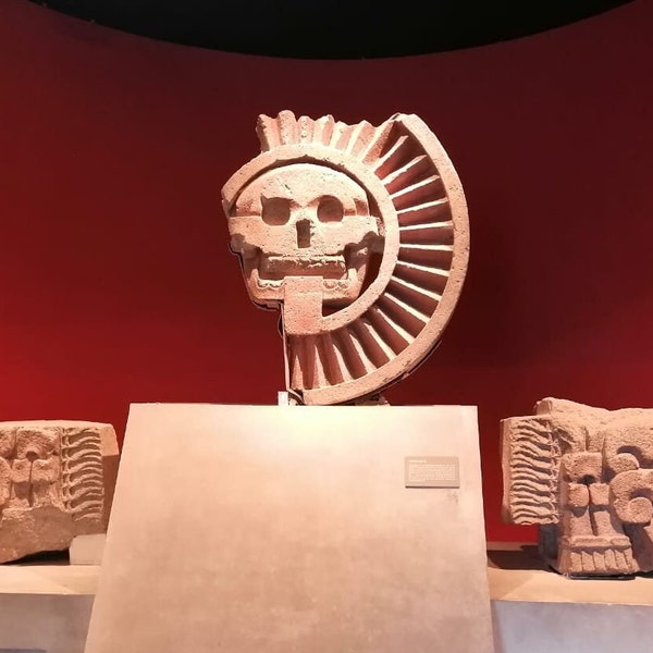 Handmade Disk of Death Sculpture, Teotihuacan Sun Skull Replica