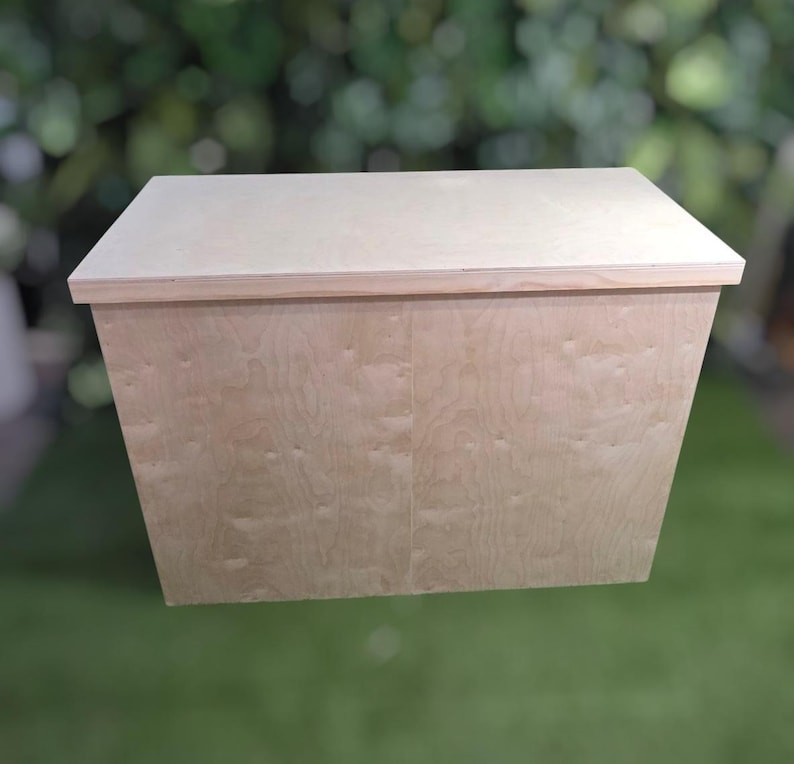May include: A light-colored wooden box with a flat top and angled sides. The box is made of plywood and has a natural wood grain finish. The box is likely used for storage or display.