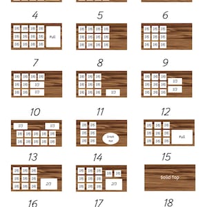May include: A wooden surface displays 18 different arrangements of white rectangles with fractions and text. The fractions include 1/6, 1/3, 1/2, and 2/3. Some rectangles are labeled "Full", "Crock Pot", and "Cotton Candy".