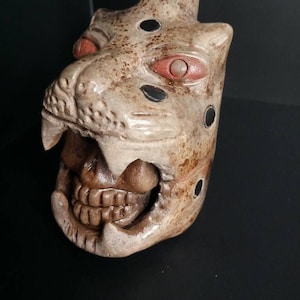 Jaguar Roar Sound, Red, Bone, Green, Jaguar with skull inside its mouth, whistle, Maya, Aztec, Replica, Hand Painted, Gift, Jaguar whistle