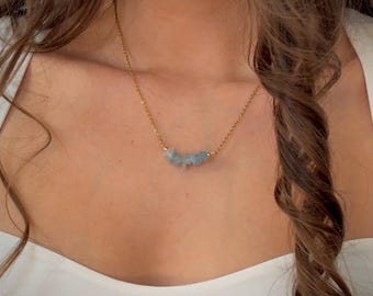 Aquamarine Necklace | Natural Crystal Chip Bar Necklace | Crystal Healing Jewelry | Dainty Boho Gifts for Her