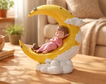 Juguete artístico "Niña soñadora y luna" – Escultura de resina pintada a mano (28 cm, color amarillo)