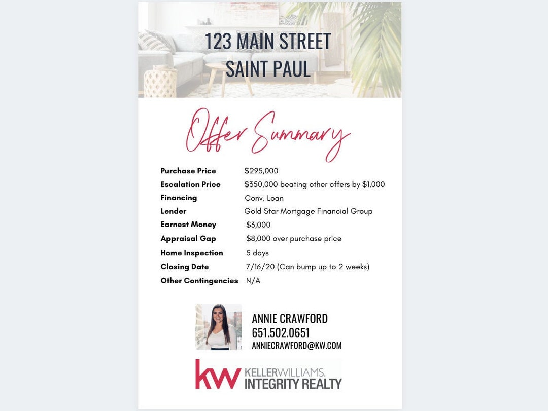 Real Estate Offer Summary Template Design Realtor Templates Real Estate